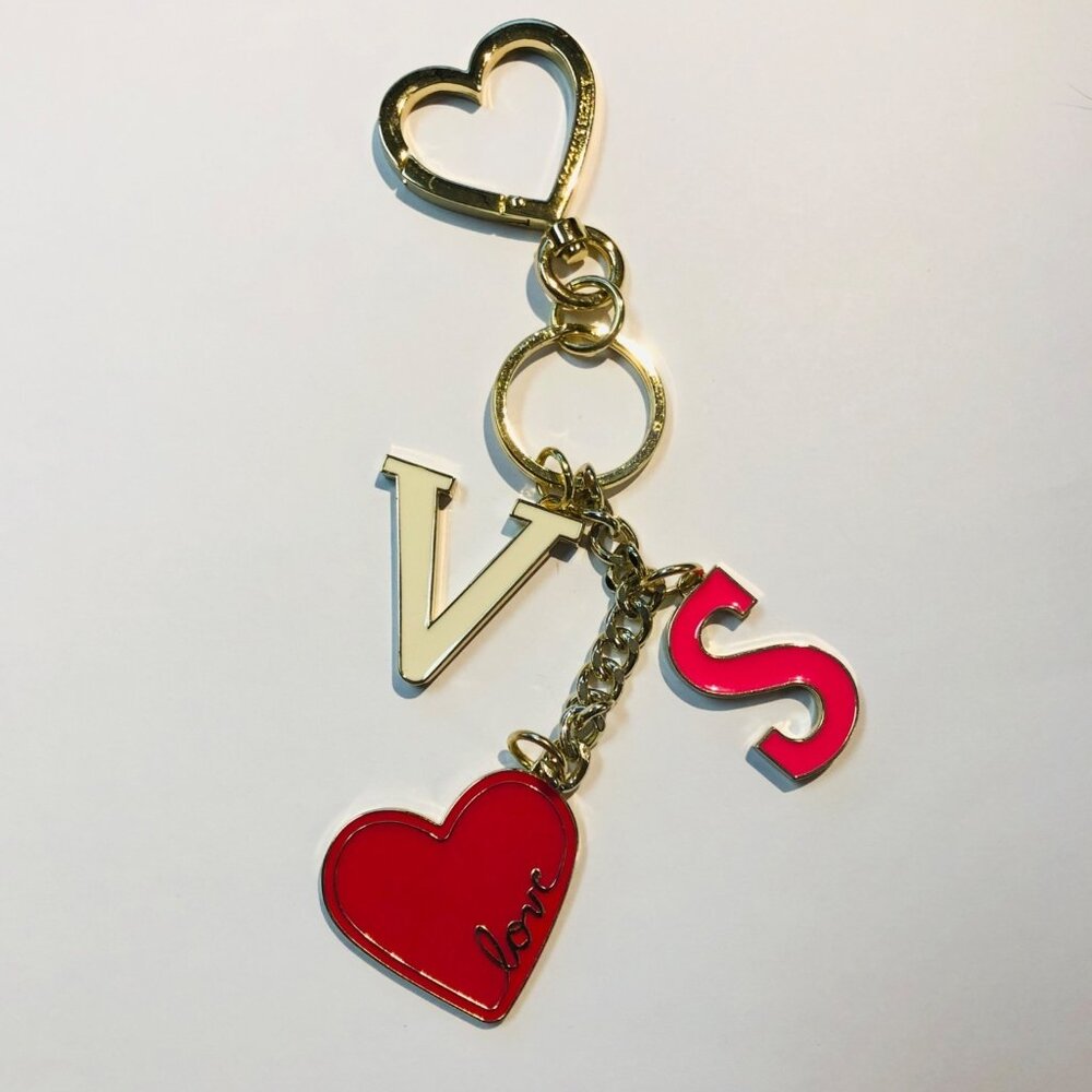 Victoria's Secret Love Heart & Initials Keychain With Gold Tone & Red Accents